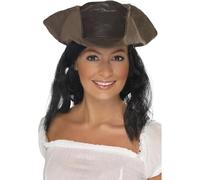 Smiffy's Leather Look Pirate Hat Hair - Brown With Black - pirate hat leather look fancy dress costume ladies adult mens brown accessory pirates