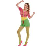Smiffys Let's Get Physical Girl Costume, Multi-Coloured with Leotard, Crop Top, Shorts and Headband, 1980's Fancy Dress, 1980s Dress Up Costumes