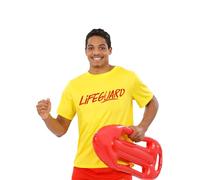 Smiffys Lifeguard T-Shirt for Men, Bright Yellow Fancy Dress Costume Top with Bold Red Logo Print, Unisex Short Sleeve Summer Party Outfit for Beach & Lifeguard Themed Events Small