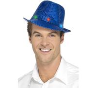 Blue Men's Light Up Sequin Trilby Hat - adults light up sequin trilby hat mens ladies gangster dance fedora fancy dress