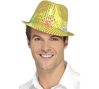 Smiffys Light Up Sequin Trilby Hat, Gold with Multi-Function LED Lights, Party & Carnival Fancy Dress, Party Dress Up Hats