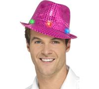 Smiffys Light Up Sequin Trilby Hat, Pink with Multi-Function LED Lights, Party & Carnival Fancy Dress, Party Dress Up Hats