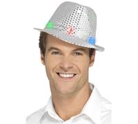 Smiffys Light Up Sequin Trilby Hat, Silver with Multi-Function LED Lights, Party & Carnival Fancy Dress, Party Dress Up Hats