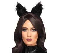 Long Pile Fur Cat Ears Black, Halloween Fancy Dress Accessories, One Size
