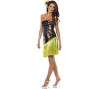 Smiffys Luscious Luau Costume, Black Dress with Lei Neckpiece, Hawaiian Luau Fancy Dress, Hawaiian Dress Up Costumes