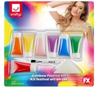 Smiffys Make-Up FX, Rainbow Festival Kit, with Aqua Cream Paints & Applicators in Black Smiffys Black One Size