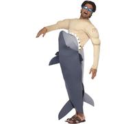 Smiffys Man-Eating Shark Costume, Grey with Shark Bodysuit & Goggles, Funny Fancy Dress, Comedy Dress Up Costumes