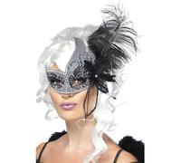 Smiffys Masquerade Dark Angel Eyemask, Silver & Black with Tie Sides & Feathers, Eyemasks Fancy Dress, Adult Dress Up Eye masks Halloween