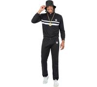 Smiffys Men’s 90s Hip Hop Tracksuit Costume, Retro Black Jacket and Matching Trousers with White Stripes and Graphic Motif, Fancy Dress Outfit for Parties & Festivals. Medium