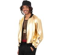 Smiffys Men’s Gold Jacket, Shiny Metallic Bomber Style Zip-Up with Black Trim, Fancy Dress Costume for 80s Hip Hop, Disco Parties, Festivals and Themed Events, Medium