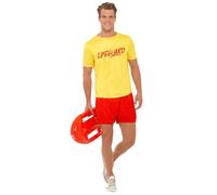 Smiffys Men’s Lifeguard Beach Costume, Yellow T-Shirt with Red Logo & Matching Red Shorts, Fun Summer Fancy Dress Outfit for Beach Parties, Festivals, Group Themes & Stag Nights