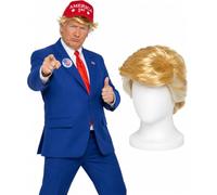 Smiffys Mens American President Costume Jacket Wig Hat Badge Set Size M-XL | Five-piece American President costume with blue jacket, red tie, themed hat, blonde wig and pin badges.