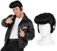 Smiffys Mens Grease T-Bird Jacket & Black Quiff Wig Costume Set Size M-XL | Official Grease set with black leather-look T-Bird jacket and classic black quiff wig for an iconic 1950s look.