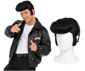 Smiffys Mens Grease T-Bird Jacket & Black Quiff Wig Costume Set Size M-XL | Official Grease set with black leather-look T-Bird jacket and classic black quiff wig for an iconic 1950s look.