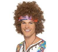 Smiffys Hippie Afro Kit, Brown with Wig, Headscarf & Peace Sign Necklace, 1960's Groovy Fancy Dress, Adult Dress Up Wigs Halloween
