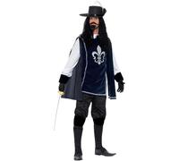 Smiffys Musketeer Costume for Adults with Hat Beard Tash Gloves Navy Blue | Includes a classic navy top with attached tunic plus gloves, hat, beard, tash and boot covers for a complete look