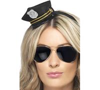 Smiffys Mini Cop Hat, Black with Badge and Rope Detail, Cops & Robbers Fancy Dre