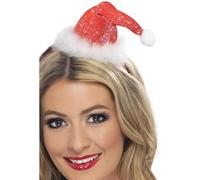 Smiffys Mini Santa Hat on Headband, Red & White Christmas Fancy Dress Accessory for Women, Glitter Santa Hat Hairband, Faux Fur Trim, Festive Party Headwear for Holiday Celebrations, & Xmas Outfits