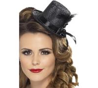 Smiffys Mini Tophat, Black with Black Ribbon and Feather, 1920's Razzle Fancy Dress, 1920s Dress Up Hats