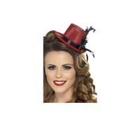 Smiffys Mini Tophat, Red with Black Ribbon and Feather, 1920's Razzle Fancy Dress, 1920s Dress Up Hats