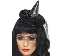 Smiffys Mini Witch's Hat, Black Glittered, on Headband with Netting, Halloween Fancy Dress Accessory, Witch Dress Up Hats