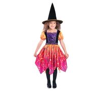 Smiffys Moon & Stars Witch Costume Dress & Hat, Orange, Halloween Child Fancy Dress, Witch Dress Up Costumes