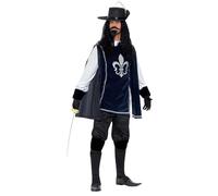 Smiffys Musketeer Male Costume, with Top, Hat, Navy Gloves, Boot Covers, Beard & Tash, Historical Fancy Dress, Medieval Dress Up Costumes