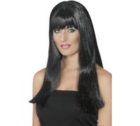 Smiffys Mystique Wig, Black Long with Fringe and Skin Parting, Ladies Glamour Wigs Fancy Dress, Adult Dress Up Wigs
