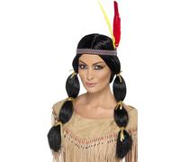 Smiffy's Indian Wig with Pigtails and Headband - Black