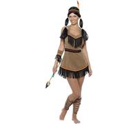 Smiffys Native American Inspired Woman Costume, Brown with Dress, Belt, Headband, Armband and Leg Cuffs, Cowboys and Indians Fancy Dress, Adult Dress Up Costumes