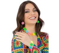 Smiffys Neon Flower Power Jewellery Set Fancy Dress Accessory for Adults 3 Piece Set Includes Earrings Necklace and Bracelet Ideal for 60s 70s Themed Parties Festivals and Hippie Costumes