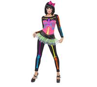 Smiffys Neon Skeleton Costume, Black Top with Attached Skirt and Footless Tights, Halloween Adult Fancy Dress, Skeleton Dress Up Costumes