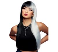 Smiffys Official Manic Panic® Raven™ Virgin™ Downtown Diva™ Wig, Long Straight Wig, Heat Styleable with Adjustable Cap in Black & White Half & Half Style. A pre-styled wig that exudes confidence