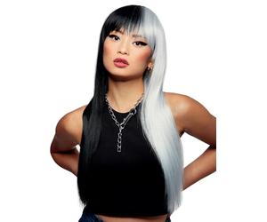Smiffys Official Manic Panic® Raven™ Virgin™ Downtown Diva™ Wig, Long Straight Wig, Heat Styleable with Adjustable Cap in Black & White Half & Half Style. A pre-styled wig that exudes confidence