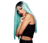 Smiffys Official Manic Panic® Sea Nymph™ Super Vixen™ Wig, Long Straight Wig, Heat Styleable with Adjustable Cap in Teal Colours with Root Effect. Pre-styled for a realistic, elegant look