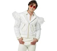 Smiffys Elton John Feather Jacket for Adults, Quilted Jacket with Feather Shoulders, White, Officially Licensed, Ideal for Music-Themed Fancy Dress with Feather Embellishments Halloween