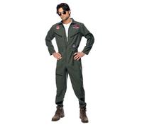 Smiffys Top Gun Costume, Adult Green Jumpsuit, Name Tags & Glasses, Official Top Gun License Outfit with Aviation Badges, Pocket Zip Details & Waist Belt, Official Top Gun Halloween Fancy Dress