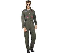 Smiffys Top Gun Deluxe Men's Costume, Top Gun Full Costume Adult Green Jumpsuit, Dog Tags & Sunglasses, Official License Outfit, Official Top Gun Halloween Fancy Dress