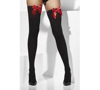 Black & Red Opaque Hold Ups - black stockings fancy dress ladies red bows hold ups sexy womens opaque
