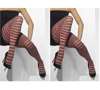 Smiffys Opaque Red & Green Striped Tights for Women, Festive Fancy Dress Christmas Elf Costume Accessory, Colourful Party Pantyhose for Holiday Events, One Size, Stretch Fabric (Pack of 2)