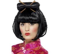 Smiffys Oriental Lady Wig, Black Mid Length with Chopsticks, Around The World Fancy Dress, Adult Dress Up Wigs