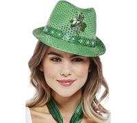 Smiffys Paddy's Day Light Up Sequin Trilby Hat with Shamrock Motif & Multi-Function LED Lights, St Patricks' Day Fancy Dress, Adult Dress Up Hats