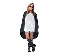 Smiffys Penguin Party Poncho for Adults with Drawstring Bag Black White | With hooded penguin face, red bow tie detail and handy front pocket for festival fun