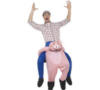 Smiffys Piggyback Pig Costume, Pink One Piece Suit with Mock Legs, Funny Fancy Dress, Animal Dress Up Costumes