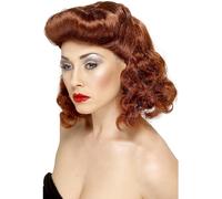Smiffys Pin Up Girl Wig, Auburn with Loose Curls, 1940's Wartime Fancy Dress, Adult Dress Up Wigs