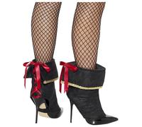 Smiffys Pirate Boot Covers for Women Fancy Dress Accessories Black with Gold Trim and Red Lace Up Back for Halloween or Costume Parties