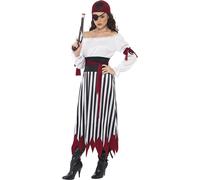 Smiffys Pirate Lady Costume, Black & White Dress with Arm Ties, Belt and Headpiece, Pirate Fancy Dress, Pirate Dress Up Costumes
