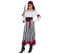 Smiffys Pirate Lady Costume, Black & White Dress with Arm Ties, Belt and Headpiece, Pirate Fancy Dress, Pirate Dress Up Costumes