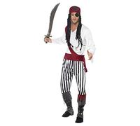 Smiffys Pirate Man Costume with Shirt, Pants, Headband and Belt, Black White, L