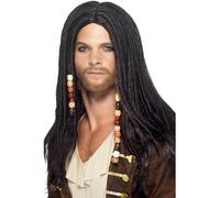 Black Pirate Wig Mens Fancy Dress Caribbean Dreaklocks Adults Costume Accessory